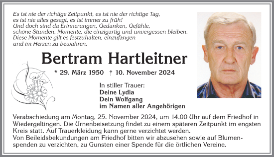 Traueranzeige von Bertram Hartleitner von Augsburger Allgemeine, Mindelheimer Zeitung
