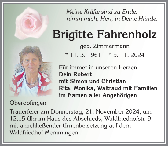 Traueranzeige von Brigitte Fahrenholz von Memminger Zeitung