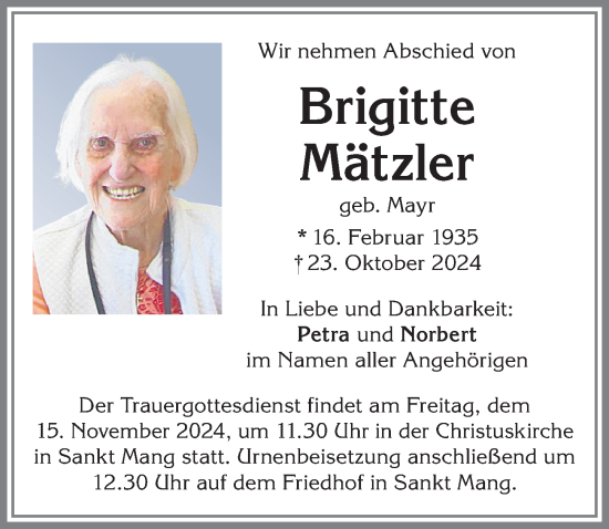 Traueranzeige von Brigitte Mätzler von Allgäuer Zeitung,Kempten