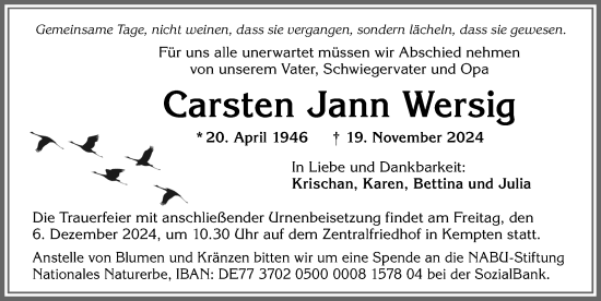 Traueranzeige von Carsten Jann Wersig von Allgäuer Zeitung,Kempten