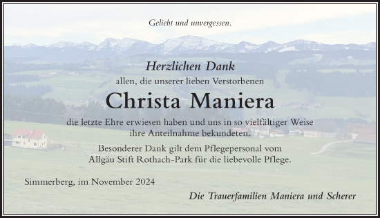 Traueranzeige von Christa Maniera von Der Westallgäuer