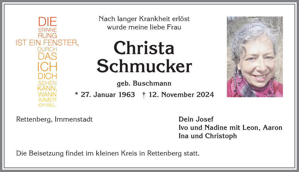  Traueranzeige für Christa Schmucker vom 19.11.2024 aus Allgäuer Anzeigeblatt