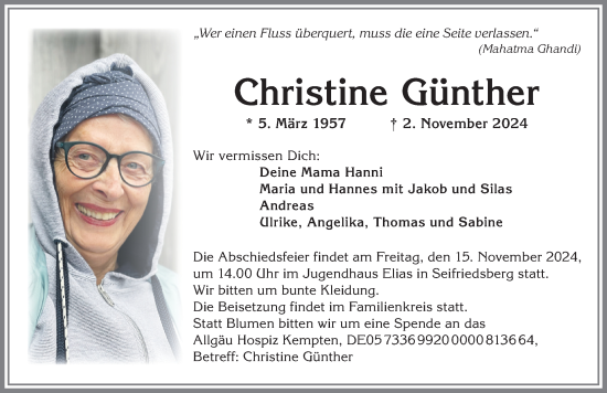 Traueranzeige von Christine Günther von Allgäuer Anzeigeblatt