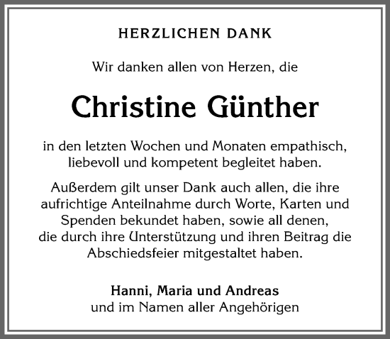 Traueranzeige von Christine Günther von Allgäuer Anzeigeblatt