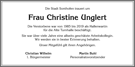 Traueranzeige von Christine Unglert von Allgäuer Anzeigeblatt