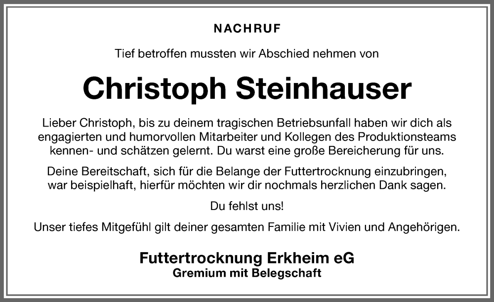  Traueranzeige für Christoph Steinhauser vom 16.11.2024 aus Memminger Zeitung