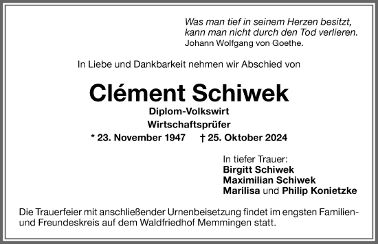 Traueranzeige von Clement Schiwek von Memminger Zeitung