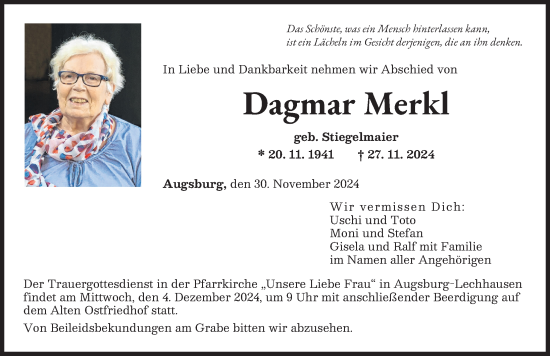 Traueranzeige von Dagmar Merkl von Augsburger Allgemeine