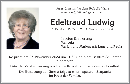 Traueranzeige von Edeltraud Ludwig von Allgäuer Zeitung,Kempten