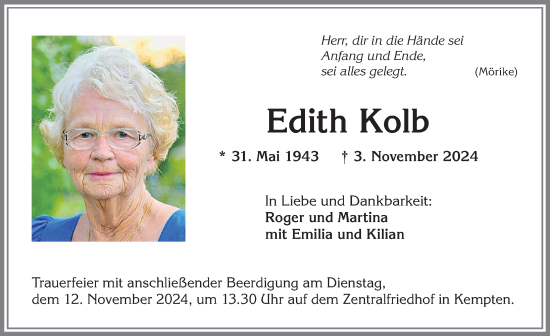 Traueranzeige von Edith Kolb von Allgäuer Zeitung,Kempten