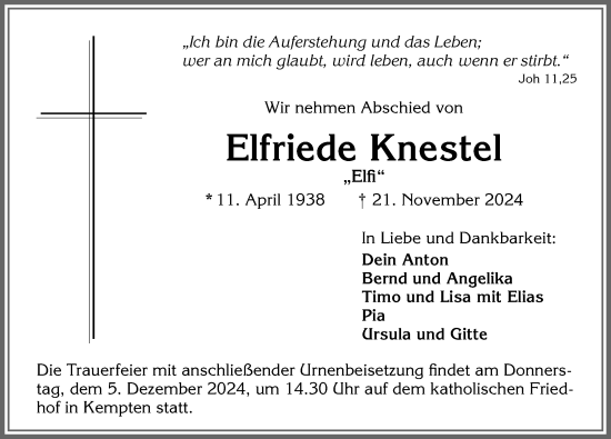 Traueranzeige von Elfriede Knestel von Allgäuer Zeitung,Kempten