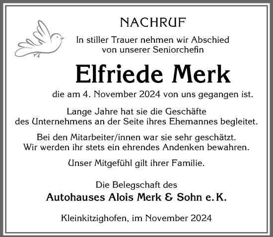 Traueranzeige von Elfriede Merk von Allgäuer Zeitung, Kaufbeuren/Buchloe