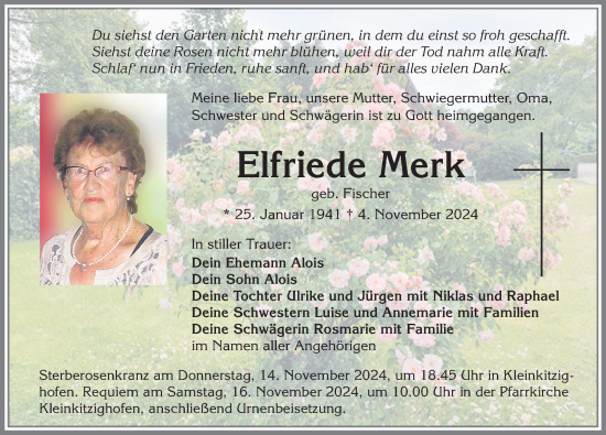Traueranzeige von Elfriede Merk von Allgäuer Zeitung, Kaufbeuren/Buchloe
