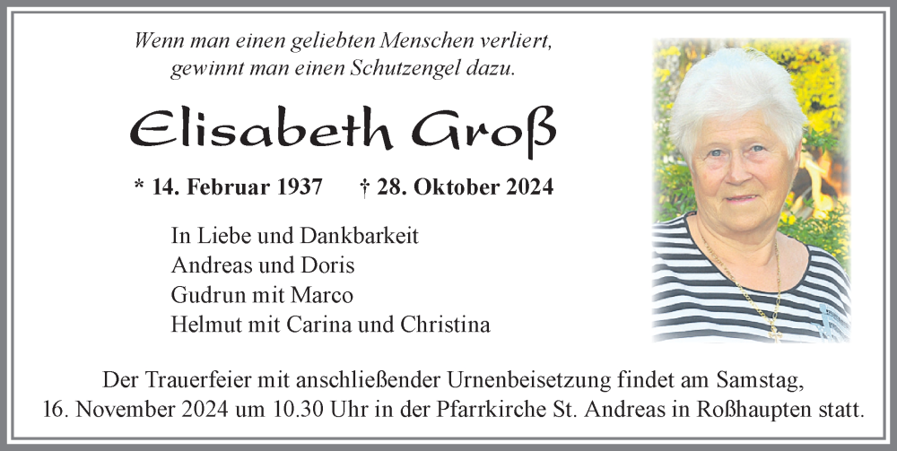  Traueranzeige für Elisabeth Groß vom 06.11.2024 aus Allgäuer Zeitung, Füssen