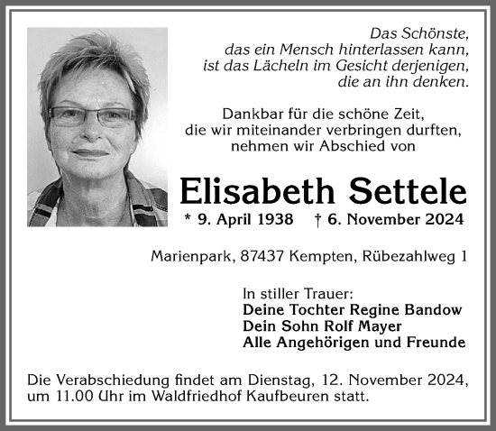 Traueranzeige von Elisabeth Settele von Allgäuer Zeitung, Marktoberdorf