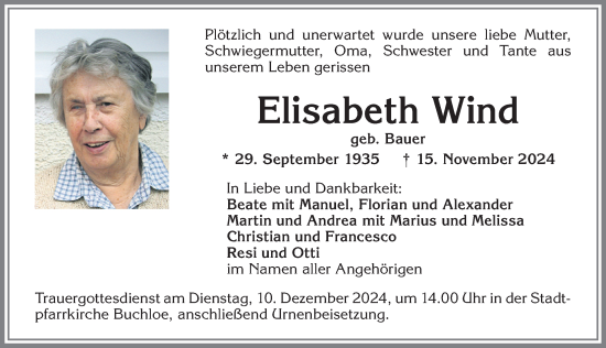 Traueranzeige von Elisabeth Wind von Allgäuer Zeitung, Kaufbeuren/Buchloe