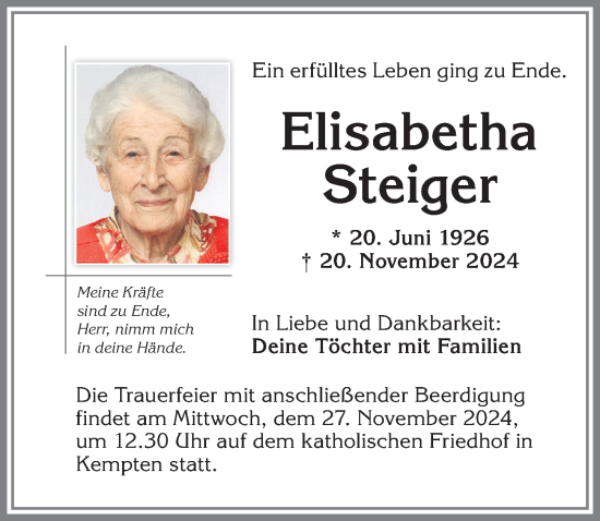 Traueranzeige von Elisabetha Steiger von Allgäuer Zeitung,Kempten
