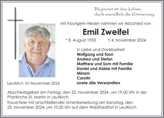 Traueranzeige von Emil Zweifel von Der Westallgäuer