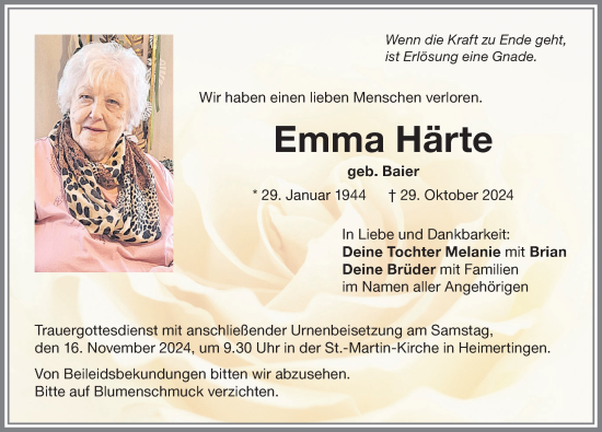 Traueranzeige von Emma Härte von Memminger Zeitung