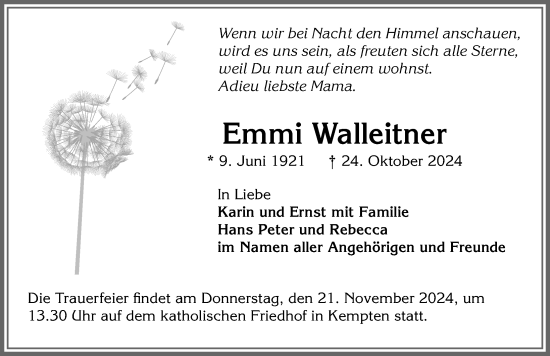 Traueranzeige von Emmi Walleitner von Allgäuer Zeitung,Kempten