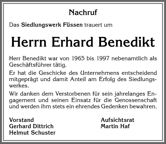 Traueranzeige von Erhard Konrad Benedikt von Allgäuer Zeitung, Füssen
