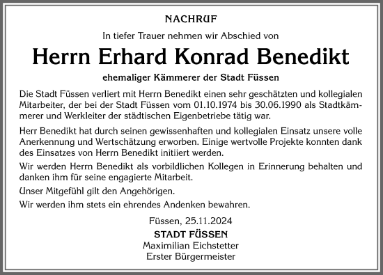 Traueranzeige von Erhard Konrad Benedikt von Allgäuer Zeitung, Füssen