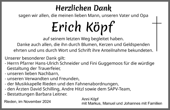 Traueranzeige von Erich Köpf von Allgäuer Zeitung, Füssen