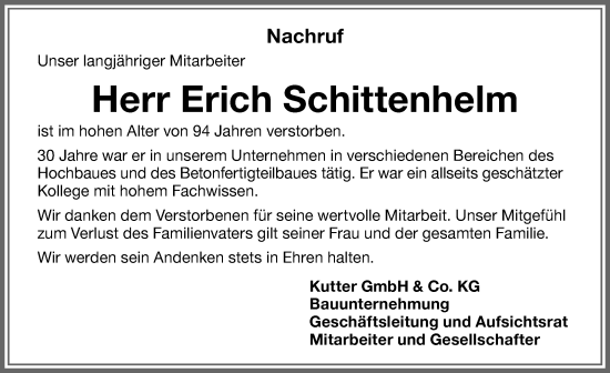 Traueranzeige von Erich Schittenhelm von Memminger Zeitung