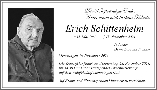 Traueranzeige von Erich Schittenhelm von Memminger Zeitung