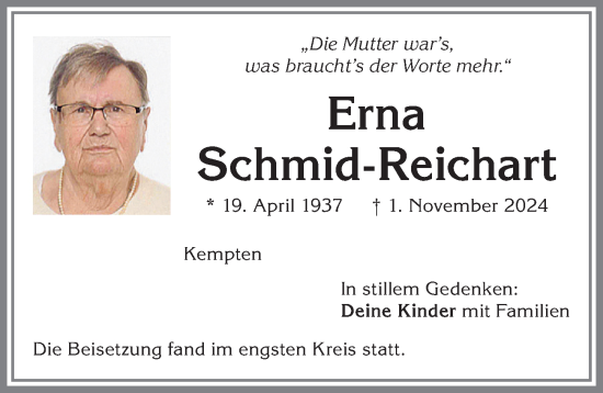 Traueranzeige von Erna Schmid-Reichart von Allgäuer Zeitung,Kempten