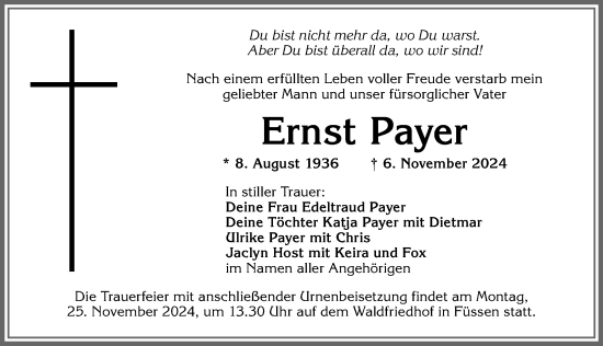 Traueranzeige von Ernst Payer von Allgäuer Zeitung, Füssen