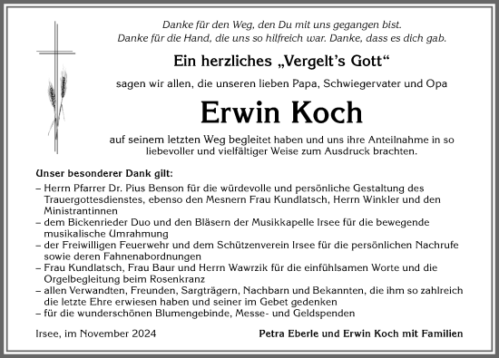 Traueranzeige von Erwin Koch von Allgäuer Zeitung, Kaufbeuren/Buchloe