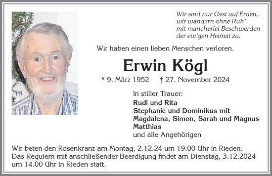 Traueranzeige von Erwin Kögl von Allgäuer Zeitung, Kaufbeuren/Buchloe