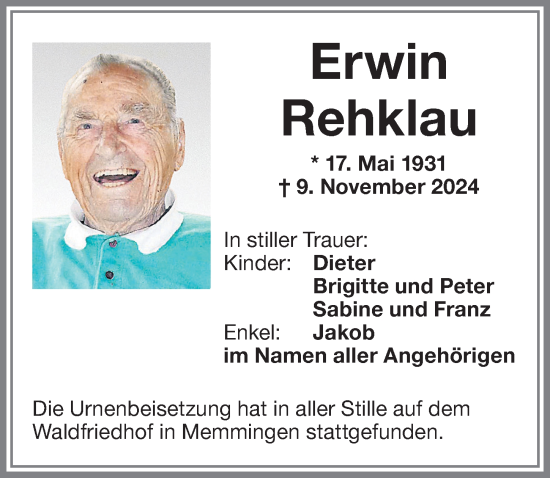 Traueranzeige von Erwin Rehklau von Memminger Zeitung