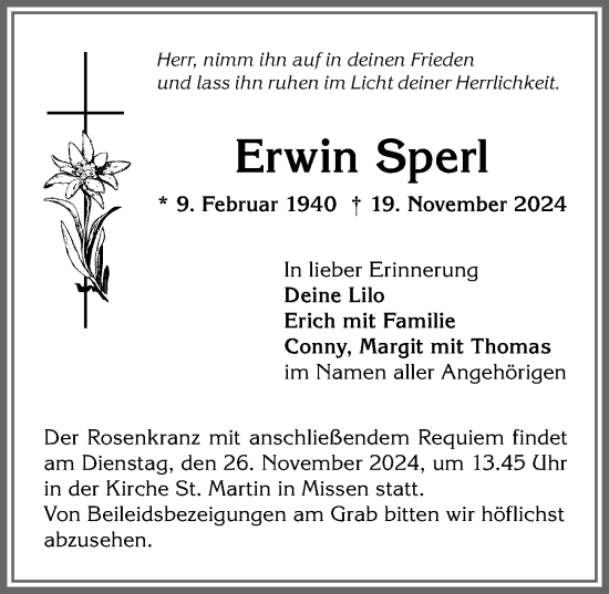 Traueranzeige von Erwin Sperl von Allgäuer Anzeigeblatt