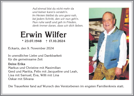 Traueranzeige von Erwin Wilfer von Allgäuer Anzeigeblatt