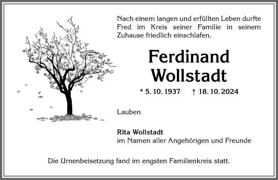 Traueranzeige von Ferdinand Wollstadt von Allgäuer Zeitung,Kempten