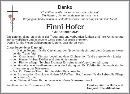 Traueranzeige von Finni Hofer von Allgäuer Zeitung, Kaufbeuren/Buchloe