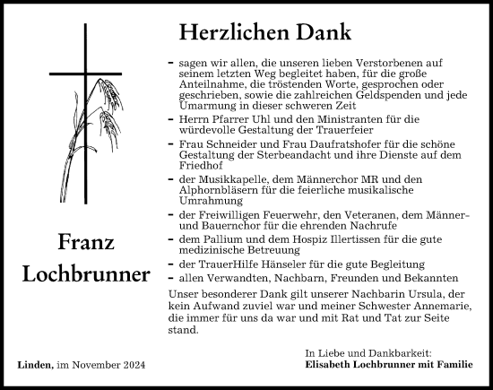 Traueranzeige von Franz Lochbrunner von Memminger Zeitung