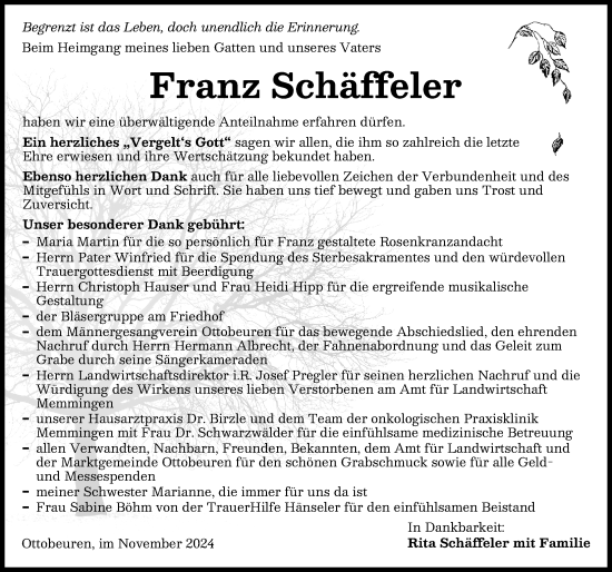 Traueranzeige von Franz Schäffeler von Memminger Zeitung