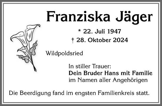 Traueranzeige von Franziska Jäger von Allgäuer Zeitung,Kempten
