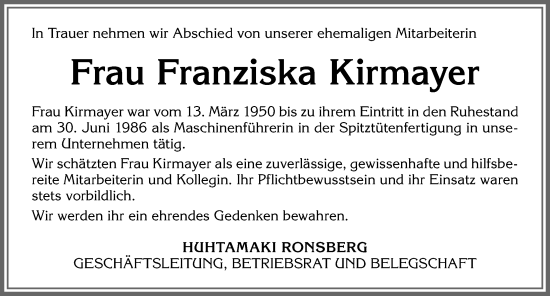 Traueranzeige von Franziska Kirmayer von Allgäuer Zeitung, Marktoberdorf