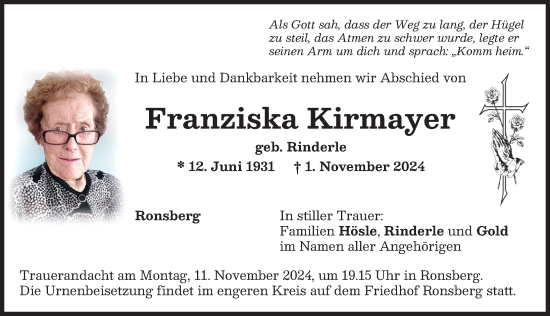 Traueranzeige von Franziska Kirmayer von Allgäuer Zeitung, Marktoberdorf