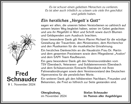 Traueranzeige von Fred Schnauder von Allgäuer Zeitung, Marktoberdorf
