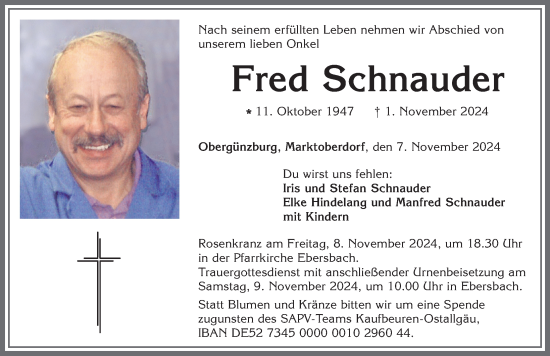 Traueranzeige von Fred Schnauder von Allgäuer Zeitung, Marktoberdorf