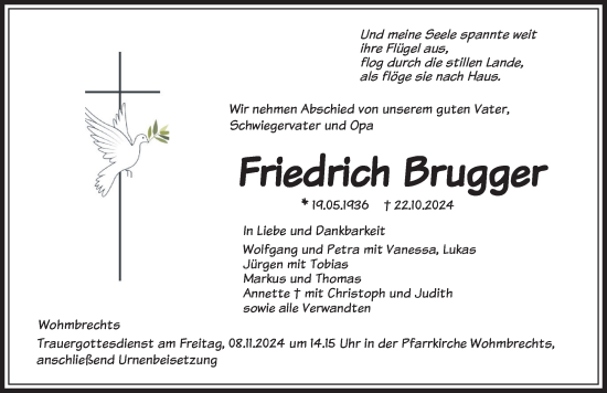 Traueranzeige von Friedrich Brugger von Der Westallgäuer