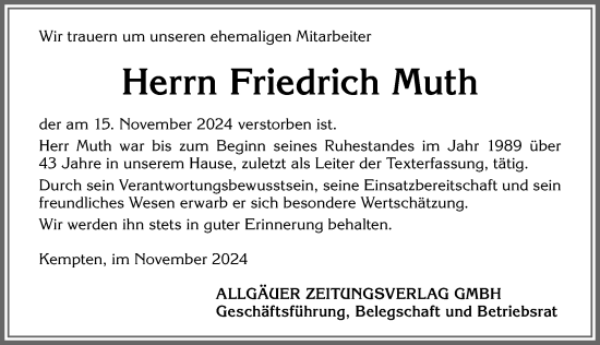 Traueranzeige von Friedrich Muth von Allgäuer Zeitung,Kempten