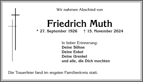 Traueranzeige von Friedrich Muth von Allgäuer Zeitung,Kempten