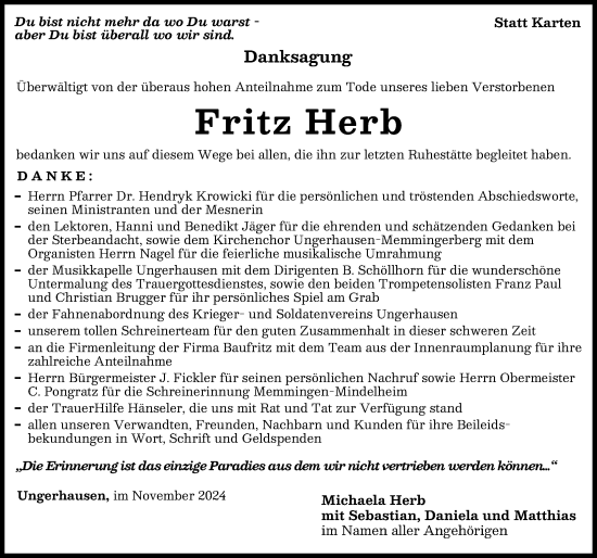 Traueranzeige von Fritz Herb von Memminger Zeitung