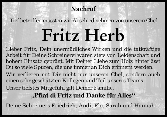 Traueranzeige von Fritz Herb von Memminger Zeitung